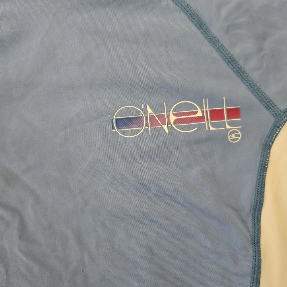 O'Neill Rash Guard Surf Swim Shirt Men's Medium Blue White Short Sleeve UPF Beac